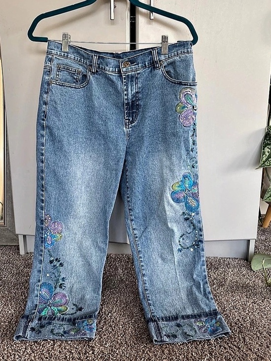 Diane Gilman Denim - Diane Gilman Embroidered Floral Straight Leg Jeans Blue Waist 10